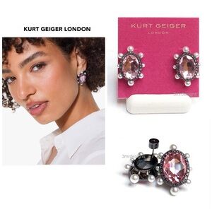 NWT KURT GEIGER Hematite Tone Oval Pink Glass Crystals Large Stud Earrings